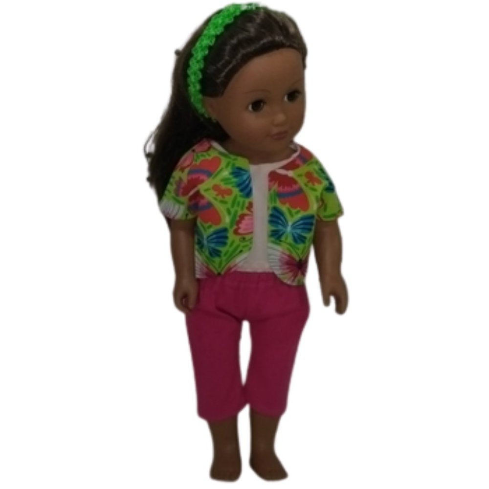 Green & Pink Bolero, Bright Pink Pants, Pink Top  & Headband for 18" Doll